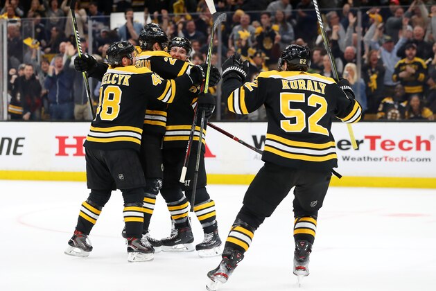 BOSTON, MASSACHUSETTS - APRIL 23: Joakim Nordstrom #20 of the Boston Bruins, center, celebrates with Matt Grzelcyk #48, Noel Acciari #55, and Sean Kuraly #52 after scoring a goal against the Toronto Maple Leafs during the first period of Game Seven of the Eastern Conference First Round during the 2019 NHL Stanley Cup Playoffs at TD Garden on April 23, 2019 in Boston, Massachusetts. (Photo by Maddie Meyer/Getty Images)