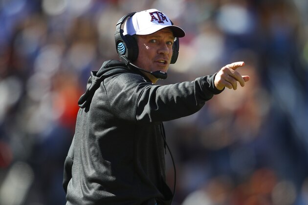 Texas A&M head coach Jimbo Fisher reacts against Auburn during the first half of an NCAA college football game, Saturday, Nov. 3, 2018, in Auburn, Ala. (AP Photo/Todd Kirkland)