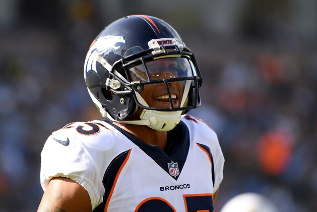 CARSON, CA - NOVEMBER 18:  Chris Harris #25 of the Denver Broncos reacts to a defensive stop on third down against the Los Angeles Chargers at StubHub Center on November 18, 2018 in Carson, California.  (Photo by Harry How/Getty Images)