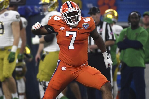 Clemson defensive end Austin Bryant (7) celebrates during the NCAA Cotton Bowl semi-final playoff football game against Notre Dame on Saturday, Dec. 29, 2018, in Arlington, Texas. (AP Photo/ Jeffrey McWhorter)