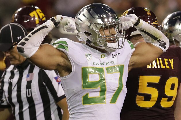 Oregon defensive lineman Jalen Jelks (97) in the first half during an NCAA college football game against Arizona State, Saturday, Sept. 23, 2017, in Tempe, Ariz. (AP Photo/Rick Scuteri)