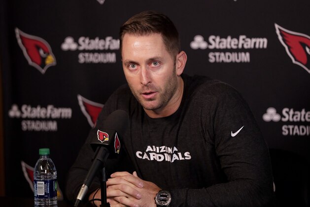 Arizona Cardinals head coach Kliff Kingsbury discusses the upcoming NFL football draft during a news conference, Tuesday, April 16, 2019, in Tempe, Ariz. (AP Photo/Matt York)