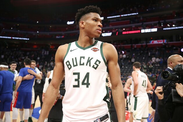 DETROIT, MI - APRIL 22: Giannis Antetokounmpo #34 of the Milwaukee Bucks looks on after Game Four of Round One against the Detroit Pistons during the 2019 NBA Playoffs on April 22, 2019 at Little Caesars Arena in Detroit, Michigan. NOTE TO USER: User expressly acknowledges and agrees that, by downloading and/or using this photograph, user is consenting to the terms and conditions of the Getty Images License Agreement. Mandatory Copyright Notice: Copyright 2019 NBAE (Photo by Brian Sevald/NBAE via Getty Images)