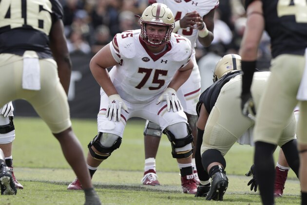 Boston College offensive lineman Chris Lindstrom (75) lines up against Purdue during the second half of an NCAA college football game in West Lafayette, Ind., Saturday, Sept. 22, 2018. Purdue defeated Boston College 30-13. (AP Photo/Michael Conroy)
