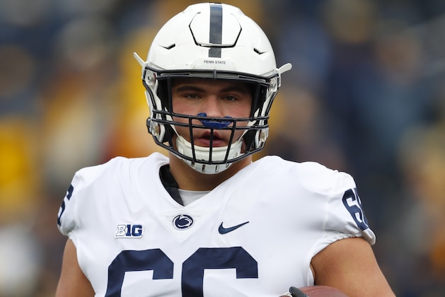 Penn State offensive lineman Connor McGovern (66) warms up before an NCAA college football game against Michigan in Ann Arbor, Mich., Saturday, Nov. 3, 2018. (AP Photo/Paul Sancya)