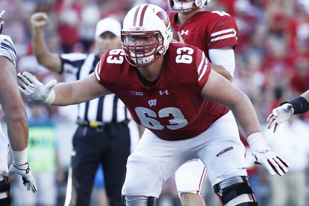 MADISON, WI - SEPTEMBER 15: Michael Deiter #63 of the Wisconsin Badgers in action during the game against the BYU Cougars at Camp Randall Stadium on September 15, 2018 in Madison, Wisconsin. BYU won 24-21. (Photo by Joe Robbins/Getty Images)