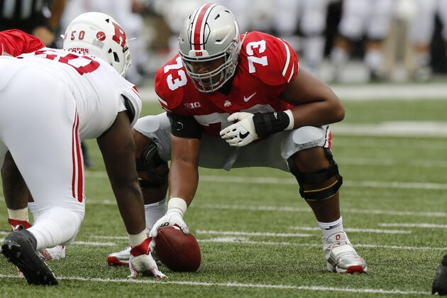 Ohio State offensive lineman Michael Jordan plays against Rutgers during an NCAA college football game Saturday, Sept. 8, 2018, in Columbus, Ohio. (AP Photo/Jay LaPrete)