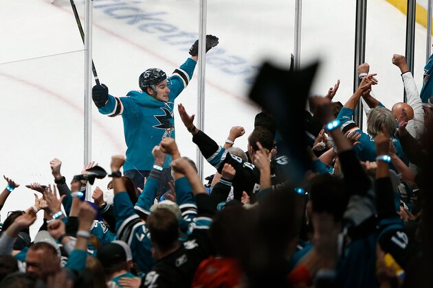 SAN JOSE, CA - APRIL 23: Timo Meier #28 of the San Jose Sharks celebrates a goal in the third period against the Vegas Golden Knights in Game Seven of the Western Conference First Round during the 2019 NHL Stanley Cup Playoffs at SAP Center on April 23, 2019 in San Jose, California. (Photo by Lachlan Cunningham/Getty Images)