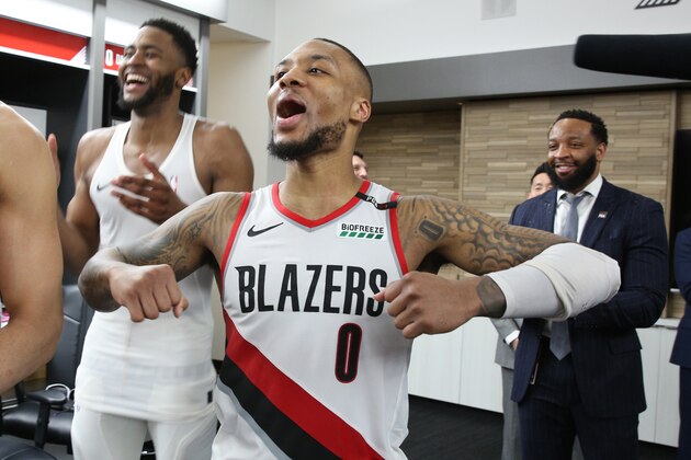 PORTLAND, OR - APRIL 23: Damian Lillard #0 of the Portland Trail Blazers celebrates after Game Five of Round One of the 2019 NBA Playoffs against the Oklahoma City Thunder on April 23, 2019 at the Moda Center in Portland, Oregon. NOTE TO USER: User expressly acknowledges and agrees that, by downloading and or using this Photograph, user is consenting to the terms and conditions of the Getty Images License Agreement. Mandatory Copyright Notice: Copyright 2019 NBAE (Photo by Sam Forencich/NBAE via Getty Images)