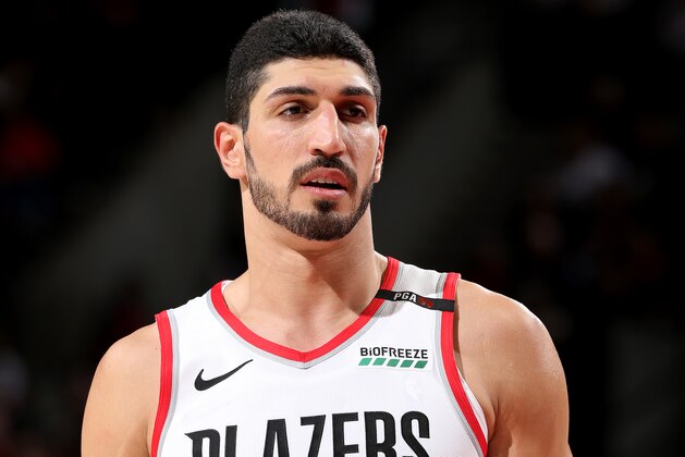 PORTLAND, OR - APRIL 23:   Enes Kanter #00 of the Portland Trail Blazers looks on during the game against the Oklahoma City Thunder during Game Five of Round One of the 2019 NBA Playoffs on April 23, 2019 at the Moda Center in Portland, Oregon. NOTE TO USER: User expressly acknowledges and agrees that, by downloading and or using this Photograph, user is consenting to the terms and conditions of the Getty Images License Agreement. Mandatory Copyright Notice: Copyright 2019 NBAE (Photo by Zach Beeker/NBAE via Getty Images)