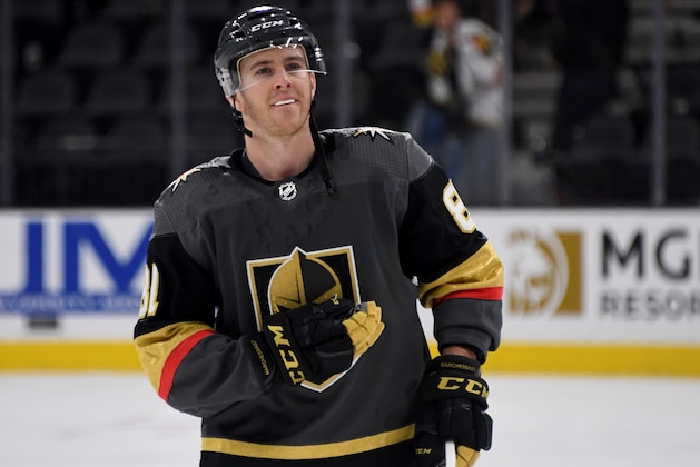 LAS VEGAS, NEVADA - APRIL 01:  Jonathan Marchessault #81 of the Vegas Golden Knights skates on the ice after being named the second star of the game following the team's 3-1 victory over the Edmonton Oilers at T-Mobile Arena on April 1, 2019 in Las Vegas, Nevada.  (Photo by Ethan Miller/Getty Images)