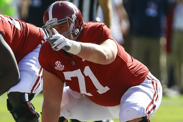 Alabama offensive lineman Ross Pierschbacher (71) lines up for the play against Citadel during the first half of an NCAA college football game, Saturday, Nov. 17, 2018, in Tuscaloosa, Ala. (AP Photo/Butch Dill)