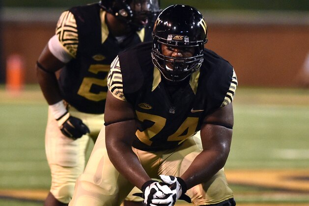 WINSTON-SALEM, NC - SEPTEMBER 03: Phil Haynes #74 of the Wake Forest Demon Deacons in action against the Elon Phoenix at BB&T Field on September 3, 2015 in Winston-Salem, North Carolina. Wake Forest defeated Elon 41-3. (Photo by Lance King/Getty Images)