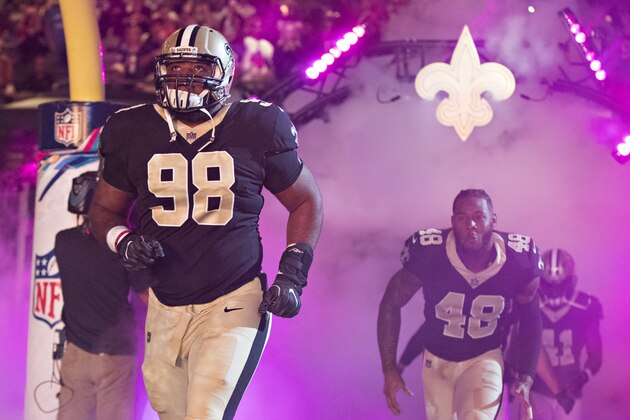 NEW ORLEANS, LA - OCTOBER 15:  Sheldon Rankins #98 of the New Orleans Saints runs onto the field before a game against the Detroit Lions at Mercedes-Benz Superdome on October 15, 2017 in New Orleans, Louisiana.  The Saints defeated the Lions 52-38.  (Photo by Wesley Hitt/Getty Images)