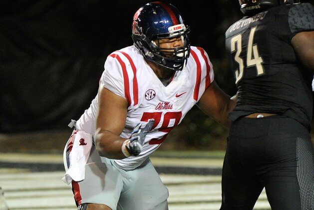 NASHVILLE, TN - NOVEMBER 19:  Javon Patterson #79 of the Ole Miss Rebels plays against the Vanderbilt Commodores at Vanderbilt Stadium on November 19, 2016 in Nashville, Tennessee.  (Photo by Frederick Breedon/Getty Images)