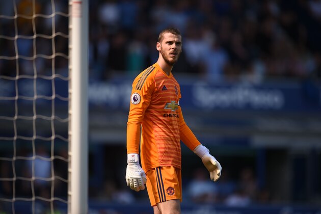 Manchester United's Spanish goalkeeper David de Gea looks on during the English Premier League football match between Everton and Manchester United at Goodison Park in Liverpool, north west England on April 21, 2019. (Photo by Oli SCARFF / AFP) / RESTRICTED TO EDITORIAL USE. No use with unauthorized audio, video, data, fixture lists, club/league logos or 'live' services. Online in-match use limited to 120 images. An additional 40 images may be used in extra time. No video emulation. Social media in-match use limited to 120 images. An additional 40 images may be used in extra time. No use in betting publications, games or single club/league/player publications. /         (Photo credit should read OLI SCARFF/AFP/Getty Images)