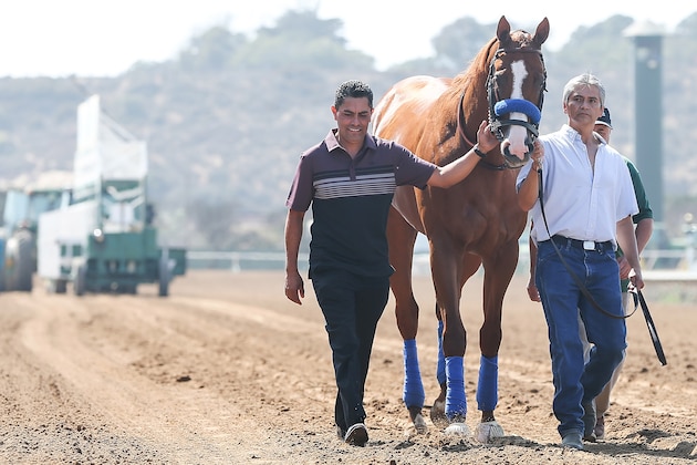 DEL MAR, CA - JULY 28:  13th Triple Crown winner Justify is ceremonially paraded for fans after being retired from racing at Del Mar Thoroughbred Club on July 28, 2018 in Del Mar, California. Justify's trainer Bob Baffert said ankle inflammation was the reason for the colt's early retirement. Justify retired undefeated.  (Photo by Mario Tama/Getty Images)