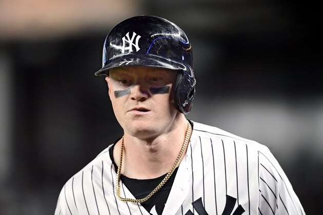 NEW YORK, NEW YORK - APRIL 18:  Clint Frazier #77 of the New York Yankees at bat against the Kansas City Royals at Yankee Stadium on April 18, 2019 in New York City. The Royals defeated the Yankees 6-1. (Photo by Steven Ryan/Getty Images)