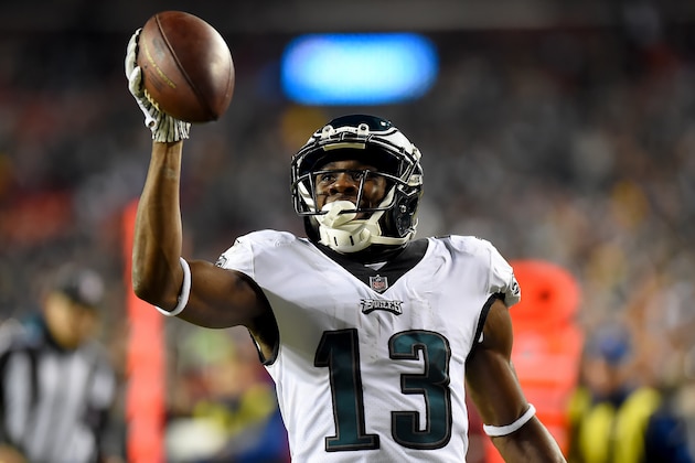 LANDOVER, MD - DECEMBER 30: Nelson Agholor #13 of the Philadelphia Eagles celebrates his touchdown against the Washington Redskins during the second half at FedExField on December 30, 2018 in Landover, Maryland. (Photo by Will Newton/Getty Images)