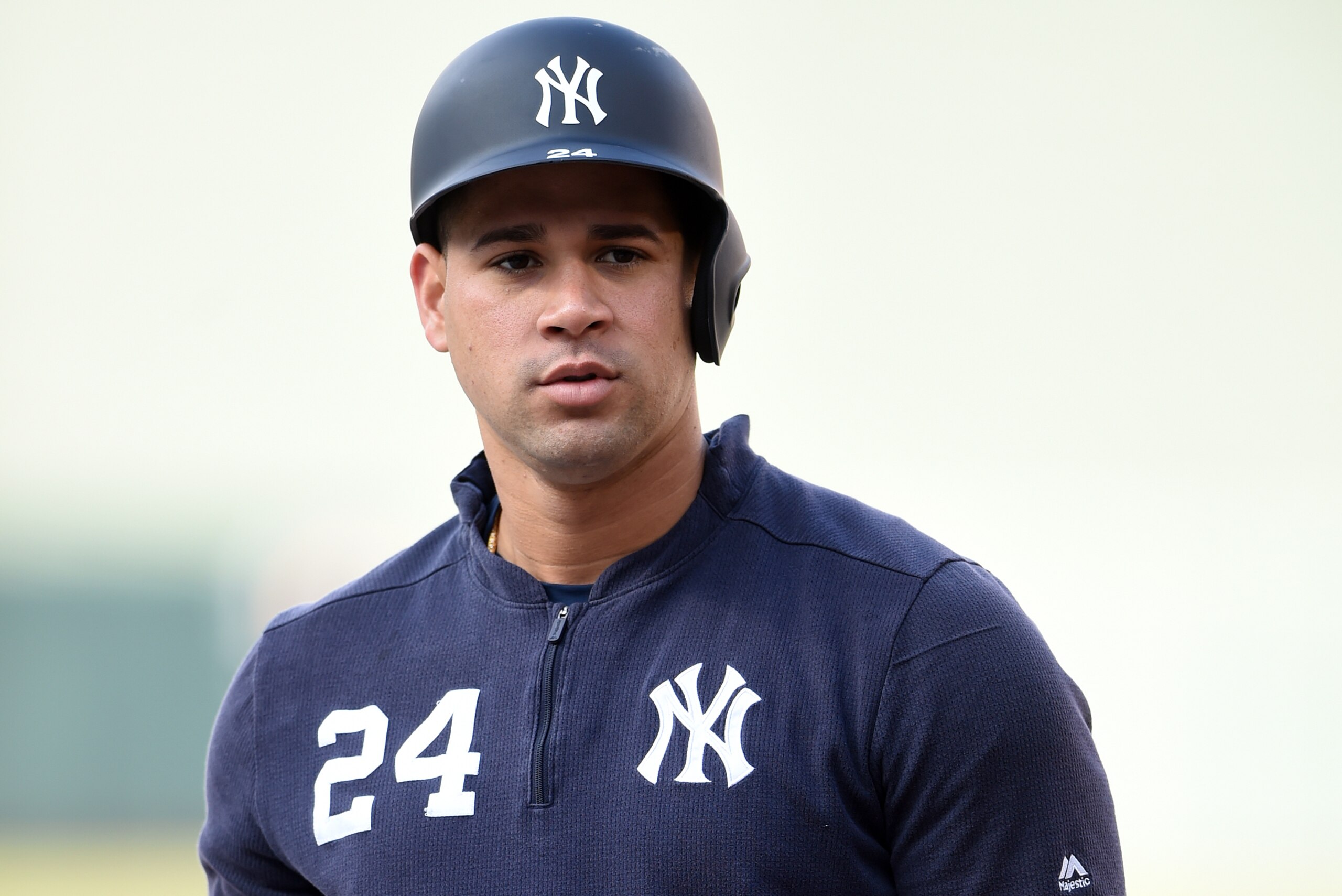 BALTIMORE, MD - APRIL 06:  Gary Sanchez #24 of the New York Yankees looks on during batting practice of a baseball game against the Baltimore Orioles at Oriole Park at Camden Yards on March 6, 2019 in Baltimore, Maryland.  (Photo by Mitchell Layton/Getty Images)