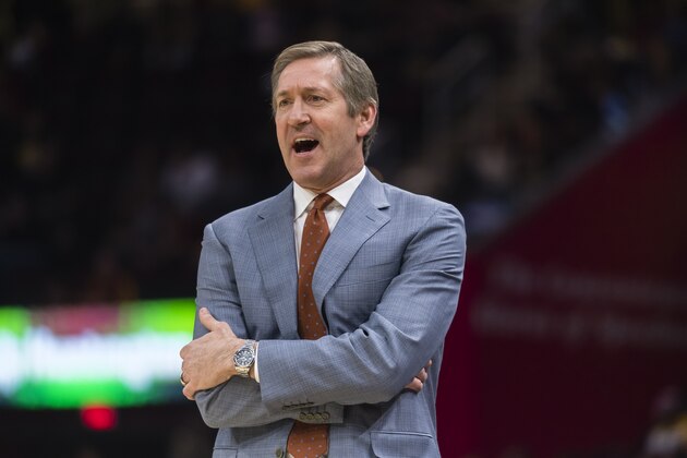 CLEVELAND, OH - APRIL 11: Head coach Jeff Hornacek watches from the sidelines during the second half against the Cleveland Cavaliers at Quicken Loans Arena on April 11, 2018 in Cleveland, Ohio. The Knicks defeated the Cavaliers 110-98. NOTE TO USER: User expressly acknowledges and agrees that, by downloading and or using this photograph, User is consenting to the terms and conditions of the Getty Images License Agreement. (Photo by Jason Miller/Getty Images) *** Local Caption *** Jeff Hornacek