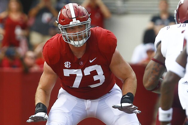 Alabama offensive lineman Jonah Williams (73) looks for a block during the first half of an NCAA college football game against Texas A&M, Saturday, Sept. 22, 2018, in Tuscaloosa, Ala. (AP Photo/Butch Dill)