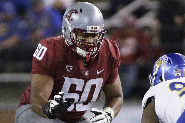 Washington State offensive lineman Andre Dillard (60) prepares to block San Jose State defensive tackle Terrell Townsend (98) during the second half of an NCAA college football game in Pullman, Wash., Saturday, Sept. 8, 2018. (AP Photo/Young Kwak)
