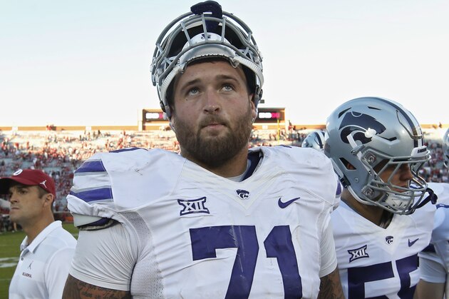 Kansas State offensive lineman Dalton Risner (71) after an NCAA college football game against Oklahoma in Norman, Okla., Saturday, Oct. 27, 2018. (AP Photo/Sue Ogrocki)