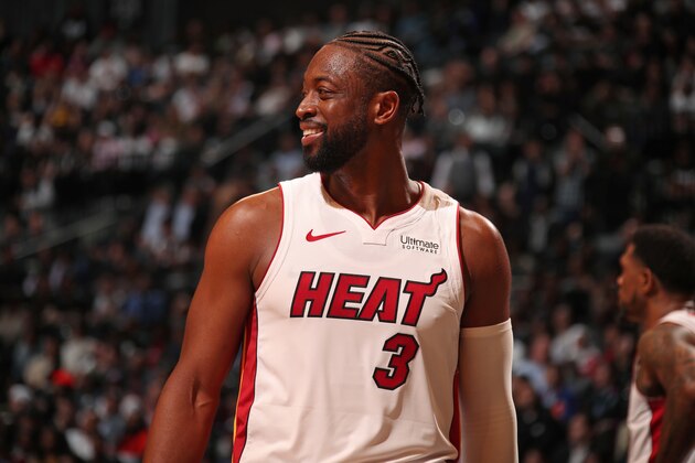 BROOKLYN, NY - APRIL 10: Dwyane Wade #3 of the Miami Heat smiles before the game against the Brooklyn Nets on April 10, 2019 at Barclays Center in Brooklyn, New York. NOTE TO USER: User expressly acknowledges and agrees that, by downloading and or using this Photograph, user is consenting to the terms and conditions of the Getty Images License Agreement. Mandatory Copyright Notice: Copyright 2019 NBAE (Photo by Issac Baldizon/NBAE via Getty Images)