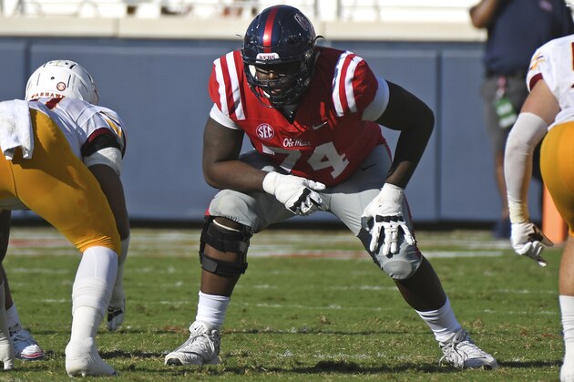 Mississippi offensive lineman Greg Little (74) waits for a snap during the first half of an NCAA college football game against Louisiana Monroe in Oxford, Miss., Saturday, Oct. 6, 2018. (AP Photo/Thomas Graning)