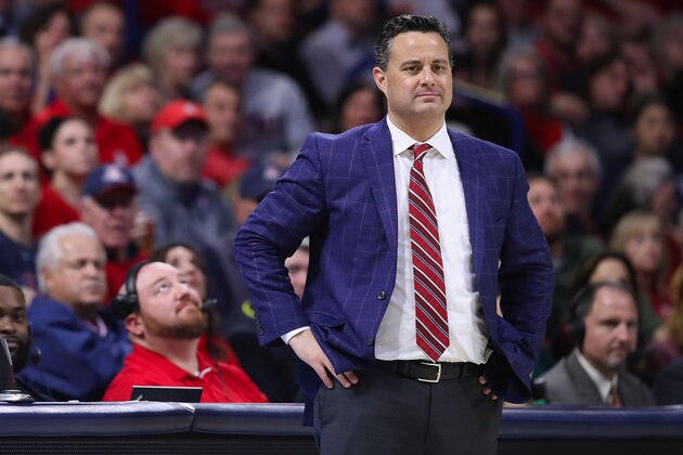 TUCSON, ARIZONA - FEBRUARY 07:  Head coach Sean Miller of the Arizona Wildcats reacts during the NCAAB game against the Washington Huskies at McKale Center on February 07, 2019 in Tucson, Arizona. The Huskies defeated the Wildcats 67-60. (Photo by Christian Petersen/Getty Images)