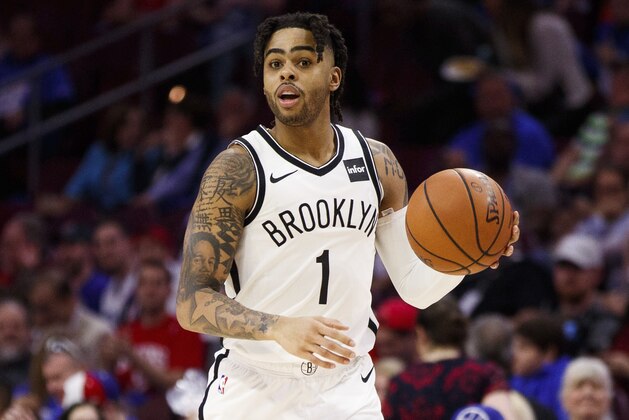 Brooklyn Nets' D'Angelo Russell in action during the second half in Game 1 of a first-round NBA basketball playoff series against the Philadelphia 76ers, Saturday, April 13, 2019, in Philadelphia. Nets won 111-102. (AP Photo/Chris Szagola)