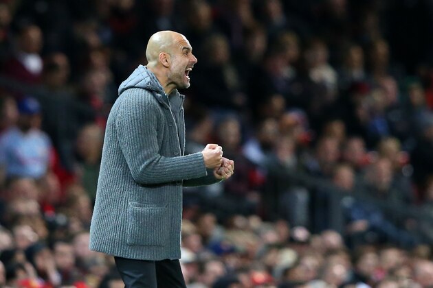 MANCHESTER, ENGLAND - APRIL 24:  Pep Guardiola the manager of Manchester City encourages his team during the Premier League match between Manchester United and Manchester City at Old Trafford on April 24, 2019 in Manchester, United Kingdom. (Photo by Alex Livesey - Danehouse/Getty Images )