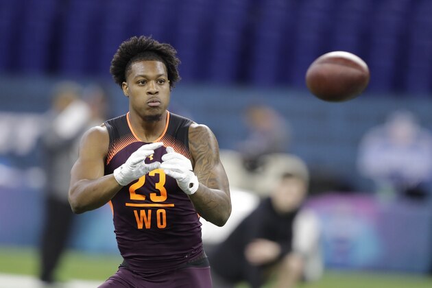 Arizona State wide receiver N'Keal Harry runs a drill during the NFL football scouting combine, Saturday, March 2, 2019, in Indianapolis. (AP Photo/Darron Cummings)