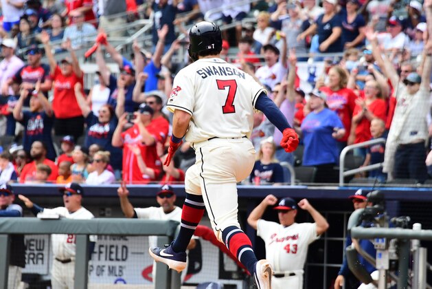 ATLANTA, GA - APRIL 7: Dansby Swanson #7 of the Atlanta Braves celebrates after knocking in the game-winning run in the ninth inning against the Miami Marlins at SunTrust Park on April 7, 2019 in Atlanta, Georgia. (Photo by Scott Cunningham/Getty Images)