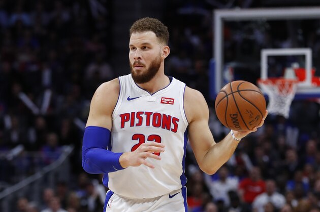 Detroit Pistons forward Blake Griffin plays against the Memphis Grizzlies in the first half of an NBA basketball game in Detroit, Tuesday, April 9, 2019. (AP Photo/Paul Sancya)