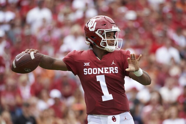 FILE - In this Oct. 6, 2018, file photo, Oklahoma quarterback Kyler Murray (1) throws a pass against Texas during the first half of an NCAA college football game at the Cotton Bowl in Dallas. The Texas-Oklahoma rivalry is never short on bad blood between the Big 12 border states. (AP Photo/Cooper Neill, File)