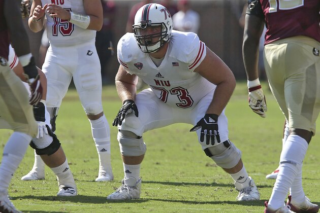 Northern Illinois' Max Scharping gets set prior to the snap in an NCAA college football game with Florida State, Saturday, Sept.22, 2018, in Tallahassee Fla. Florida State won 37-19. (AP Photo/Steve Cannon)