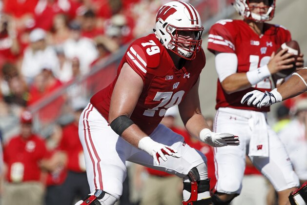 MADISON, WI - SEPTEMBER 15: David Edwards #79 of the Wisconsin Badgers in action during the game against the BYU Cougars at Camp Randall Stadium on September 15, 2018 in Madison, Wisconsin. BYU won 24-21. (Photo by Joe Robbins/Getty Images)
