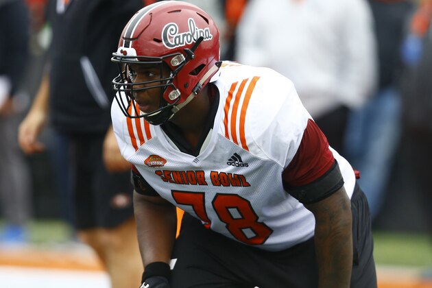 South offensive tackle Dennis Daley of South Carolina (78) during practice for Saturday's Senior Bowl college football game, Tuesday, Jan. 22, 2019, in Mobile, Ala. (AP Photo/Butch Dill)