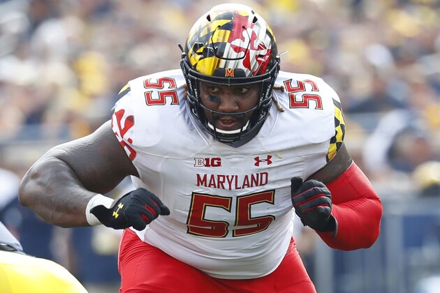 Maryland offensive lineman Derwin Gray (55) blocks against Michigan in the second half of an NCAA college football game in Ann Arbor, Mich., Saturday, Oct. 6, 2018. Michigan 42-21. (AP Photo/Paul Sancya)