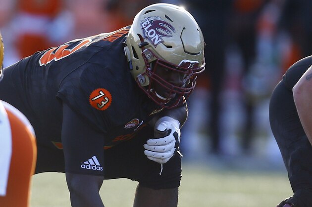 South offensive tackle Oli Udoh of Elon (73) and South offensive guard Ben Powers of Oklahoma (72) during the second half of the Senior Bowl college football game, Saturday, Jan. 26, 2019, in Mobile, Ala. (AP Photo/Butch Dill)