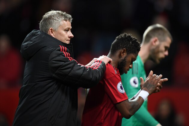 MANCHESTER, ENGLAND - APRIL 24:  Ole Gunnar Solskjaer, Manager of Manchester United consults Fred of Manchester United after the Premier League match between Manchester United and Manchester City at Old Trafford on April 24, 2019 in Manchester, United Kingdom. (Photo by Shaun Botterill/Getty Images)