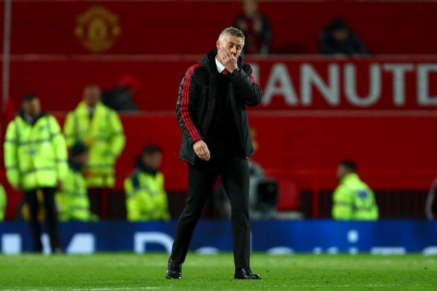 MANCHESTER, ENGLAND - APRIL 24: A dejected Ole Gunnar Solskjaer the head coach / manager of Manchester United at full time during the Premier League match between Manchester United and Manchester City at Old Trafford on April 24, 2019 in Manchester, United Kingdom. (Photo by Robbie Jay Barratt - AMA/Getty Images)