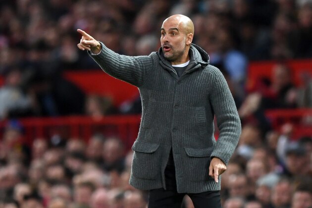 MANCHESTER, ENGLAND - APRIL 24:  Josep Guardiola, Manager of Manchester City reacts during the Premier League match between Manchester United and Manchester City at Old Trafford on April 24, 2019 in Manchester, United Kingdom. (Photo by Shaun Botterill/Getty Images)