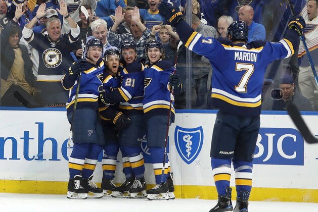 St. Louis Blues' Jaden Schwartz, second from left, is congratulated by teammates Vince Dunn, left, Tyler Bozak (21), Tyler Bozak and Pat Maroon (7) after scoring during the second period in Game 6 of an NHL first-round hockey playoff series against the Winnipeg Jets, Saturday, April 20, 2019, in St. Louis. (AP Photo/Jeff Roberson)