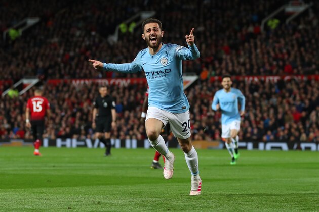 MANCHESTER, ENGLAND - APRIL 24: Bernardo Silva of Manchester City celebrates after scoring his team's first goal  during the Premier League match between Manchester United and Manchester City at Old Trafford on April 24, 2019 in Manchester, United Kingdom. (Photo by Catherine Ivill/Getty Images)