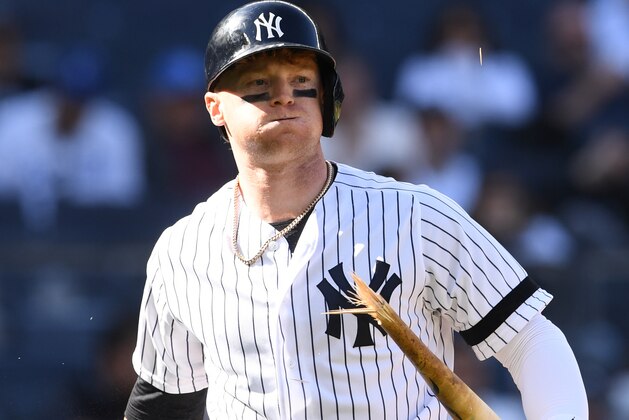 NEW YORK, NEW YORK - APRIL 21: Clint Frazier #77 of the New York Yankees reacts after breaking his batt after striking out during the ninth inning of the game against the Kansas City Royals at Yankee Stadium on April 21, 2019 in the Bronx borough of New York City. (Photo by Sarah Stier/Getty Images)