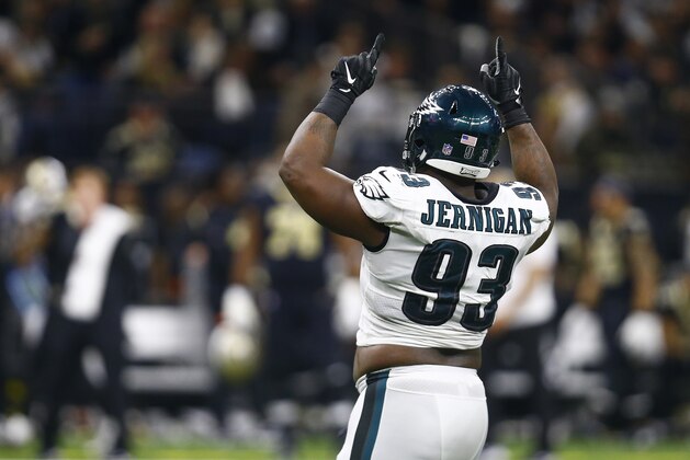 Philadelphia Eagles defensive tackle Timmy Jernigan (93) reacts after a New Orleans Saints quarterback Drew Brees sack in the first half of an NFL divisional playoff football game in New Orleans, Sunday, Jan. 13, 2019. (AP Photo/Butch Dill)