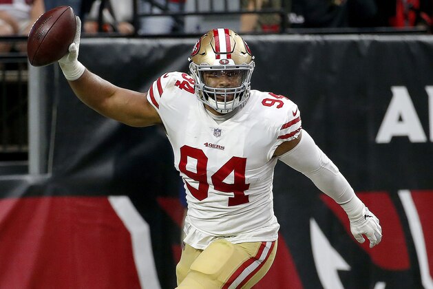 San Francisco 49ers defensive end Solomon Thomas (94) celebrates recovering the football in the end zone for a safety against the Arizona Cardinals during the first half of an NFL football game, Sunday, Oct. 28, 2018, in Glendale, Ariz. (AP Photo/Rick Scuteri)